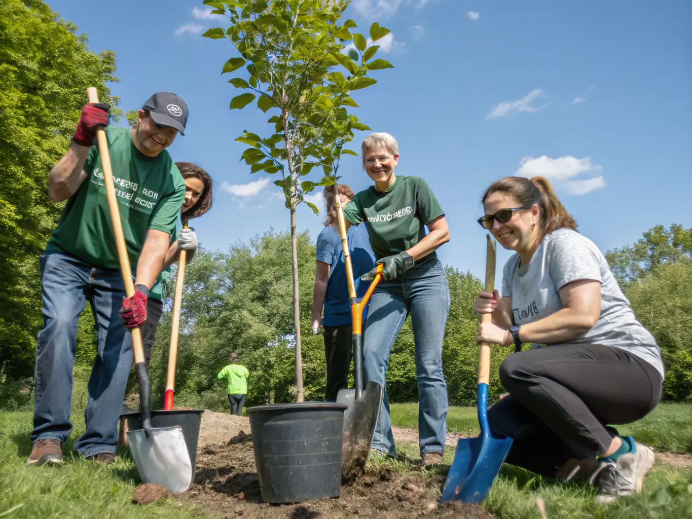 A group of volunteers planting trees in a local park as part of the Community Conservation Program, showcasing their dedication to environmental restoration.